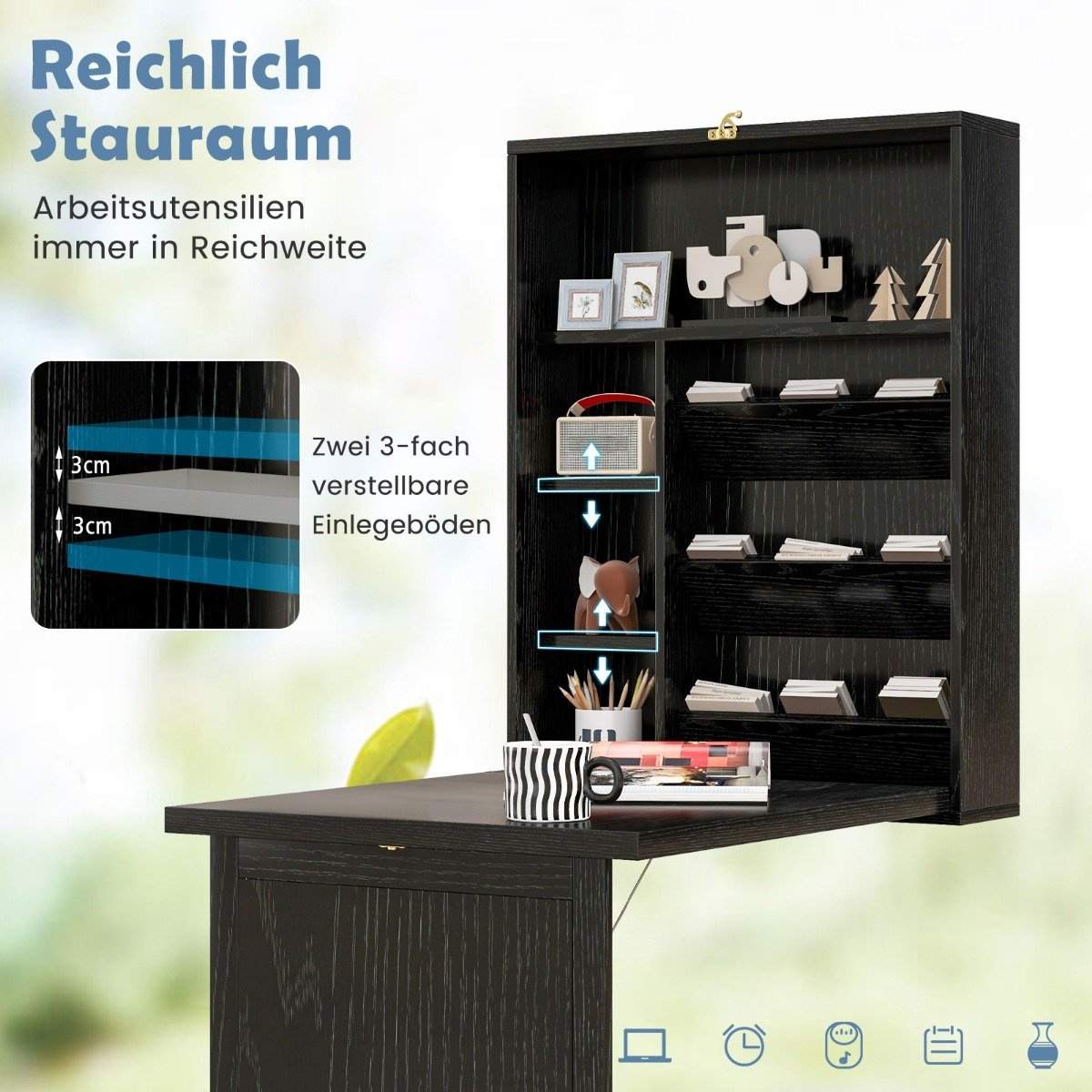 Vægmonteret foldeskrivebord med opbevaring – pladsbesparende sort