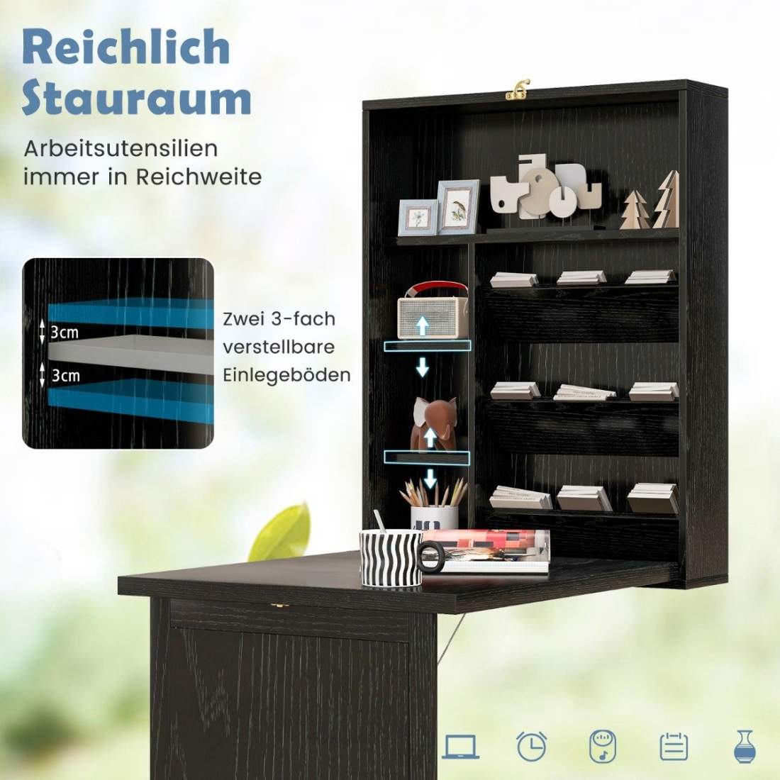 Väggmonterat hopfällbart skrivbord med förvaring – utrymmesbesparande svart | Hem & Hobby | Pryloteket