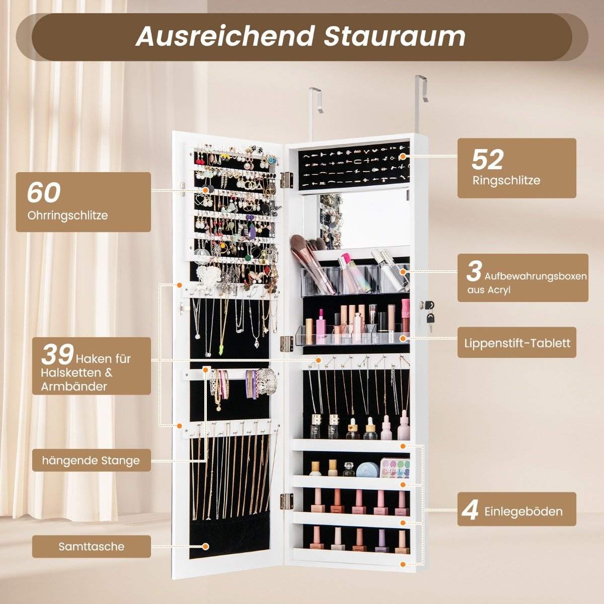 Smyckeskåp med fullängdsspegel – vägg-/dörrfäste, vit | Hem & Hobby | Pryloteket