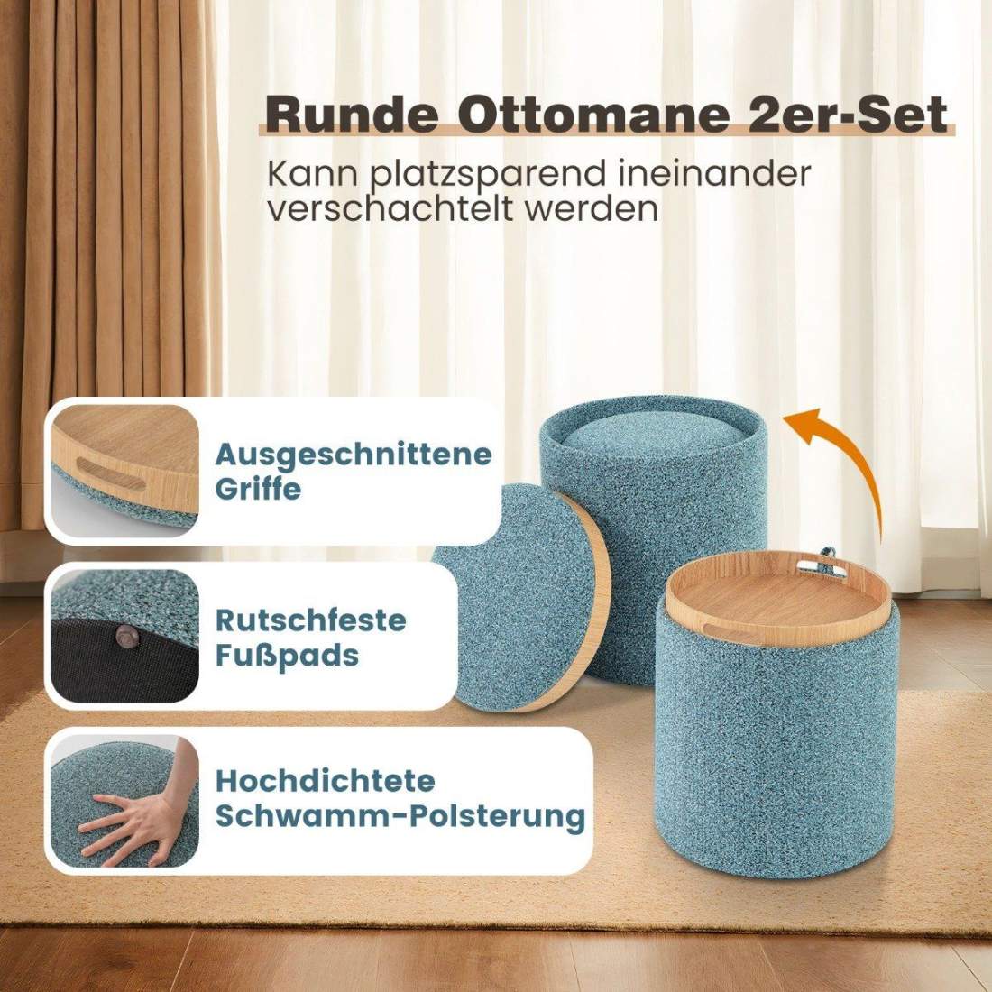 Runt ottomanskt set med vändbart lock – blå | Hem & Hobby | Pryloteket