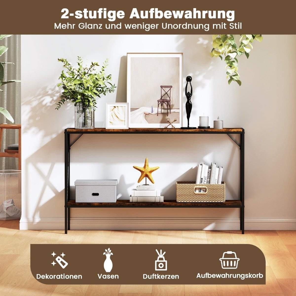Industriell konsolbord – 120 cm, metallram, 2 hyllplan | Hem & Hobby | Pryloteket