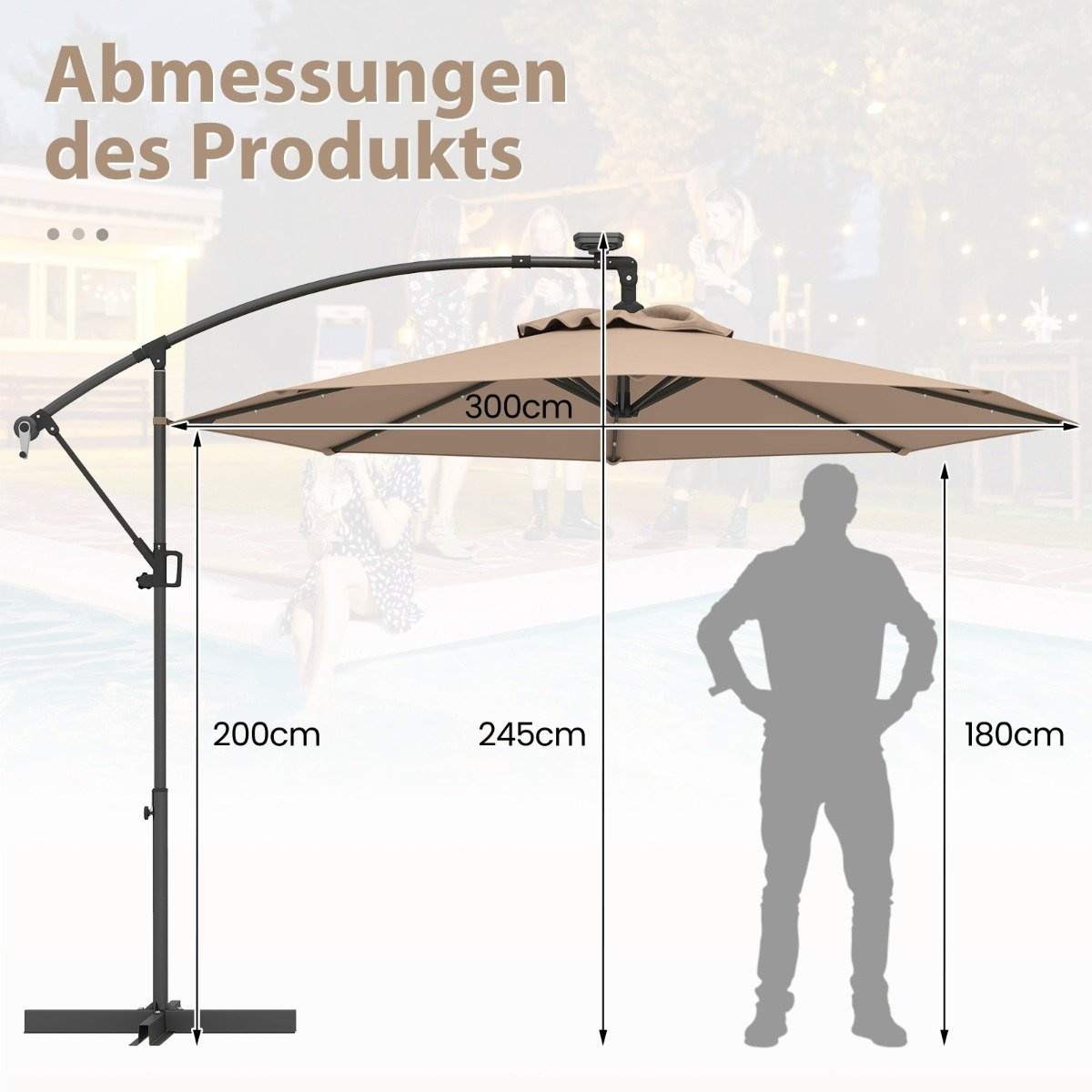 300 cm Solar LED Patio Paraply – Brun, 360° rotation