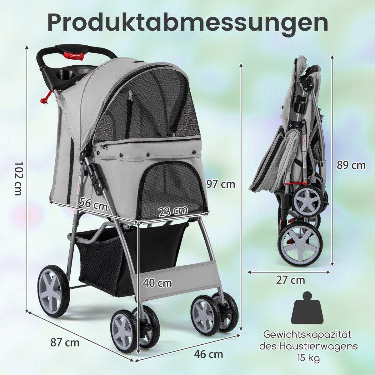 Kæledyrsklapvogn med netvinduer og kopholder – Grå, op til 15 kg