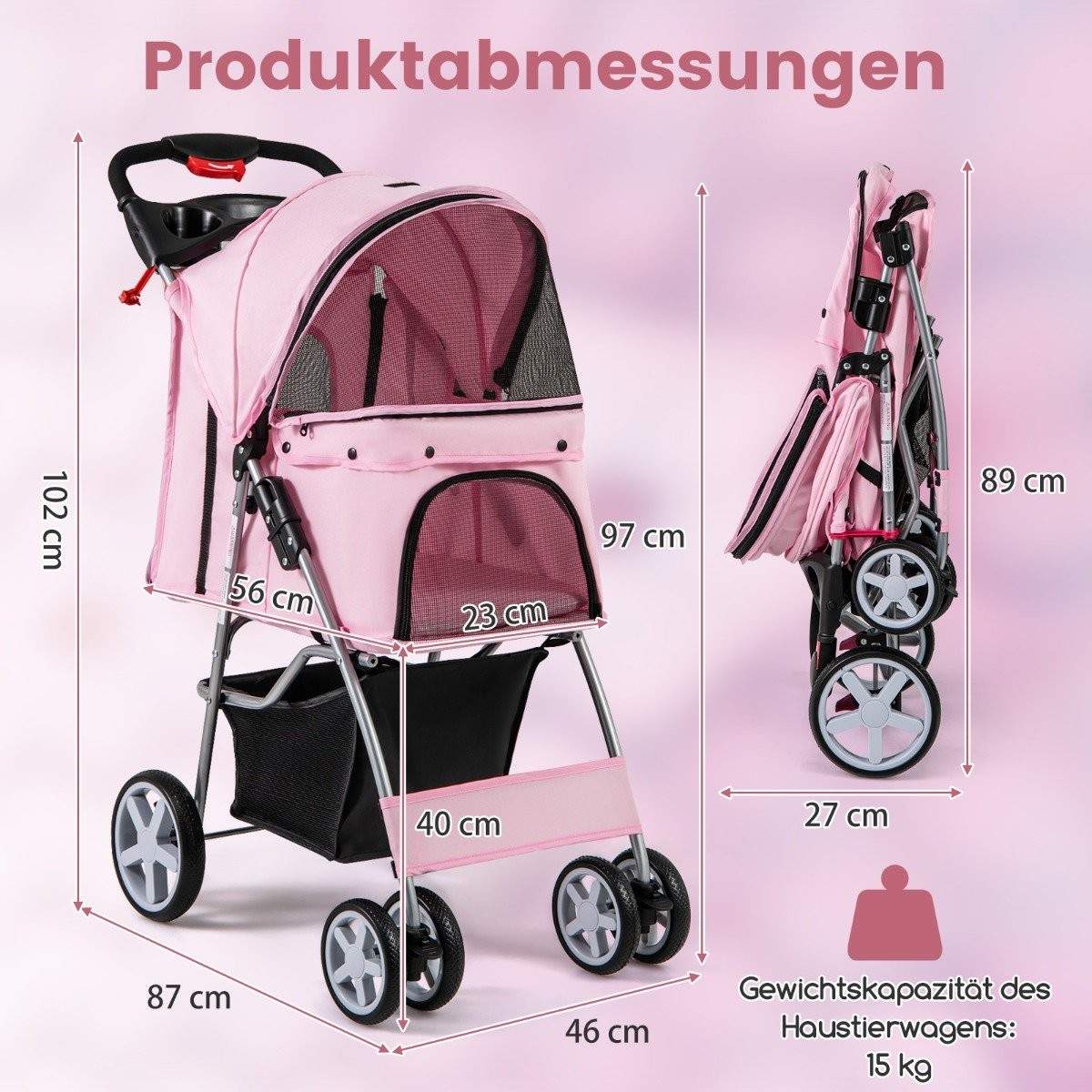 Kæledyrsklapvogn med netvinduer og kopholder – Pink, 15 kg kapacitet