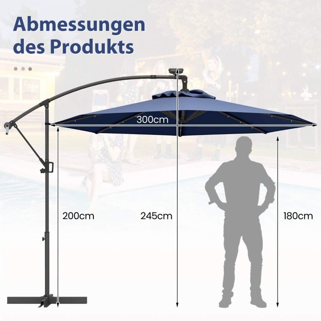 300 cm Solar LED Patio Paraply – Mörkblått, 360° rotation | Hem & Hobby | Pryloteket