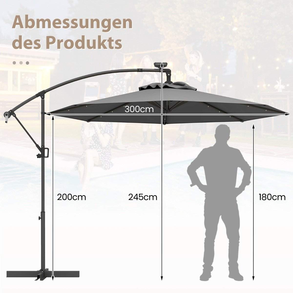 300 cm Patio Paraply med Solar LED-lys og håndsving