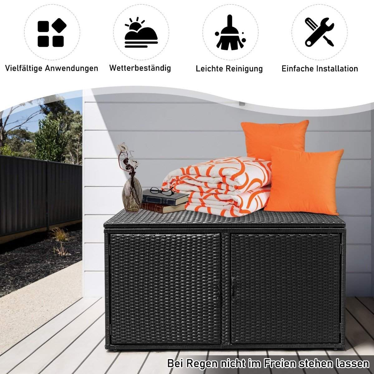 Opbevaringsboks i rattan – 335L, dobbeltdøre og hylder, sort