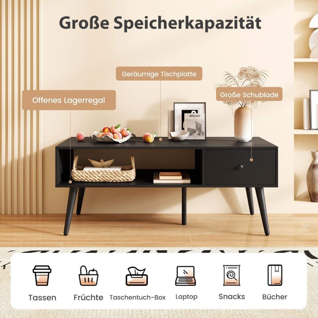 Soffbord med låda och öppen hylla – Svart, 109 x 55 x 39,5 cm | Hem & Hobby | Pryloteket