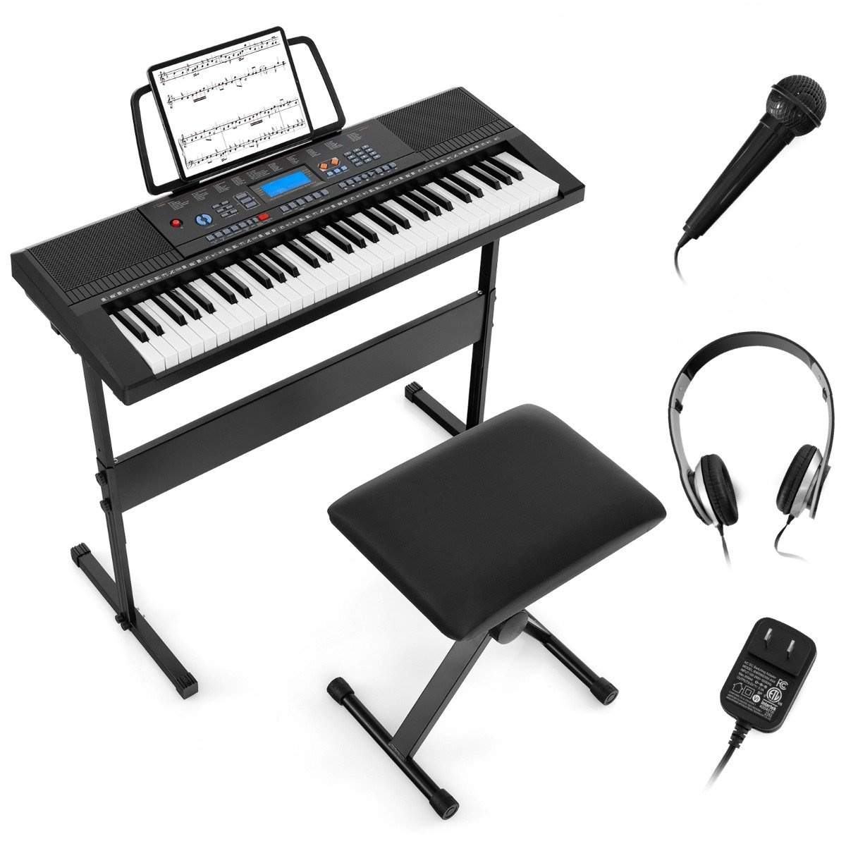 Digitalt tastatursæt med 61 taster med stativ, skammel og mikrofon