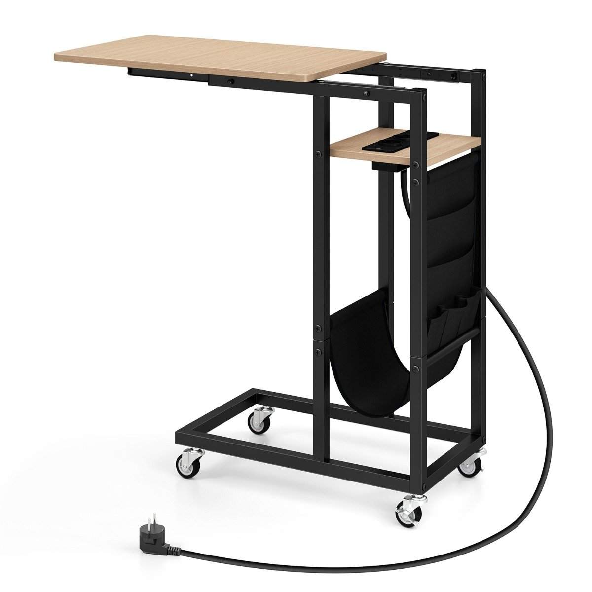 C-formet sidebord med ladestation og opbevaringslomme