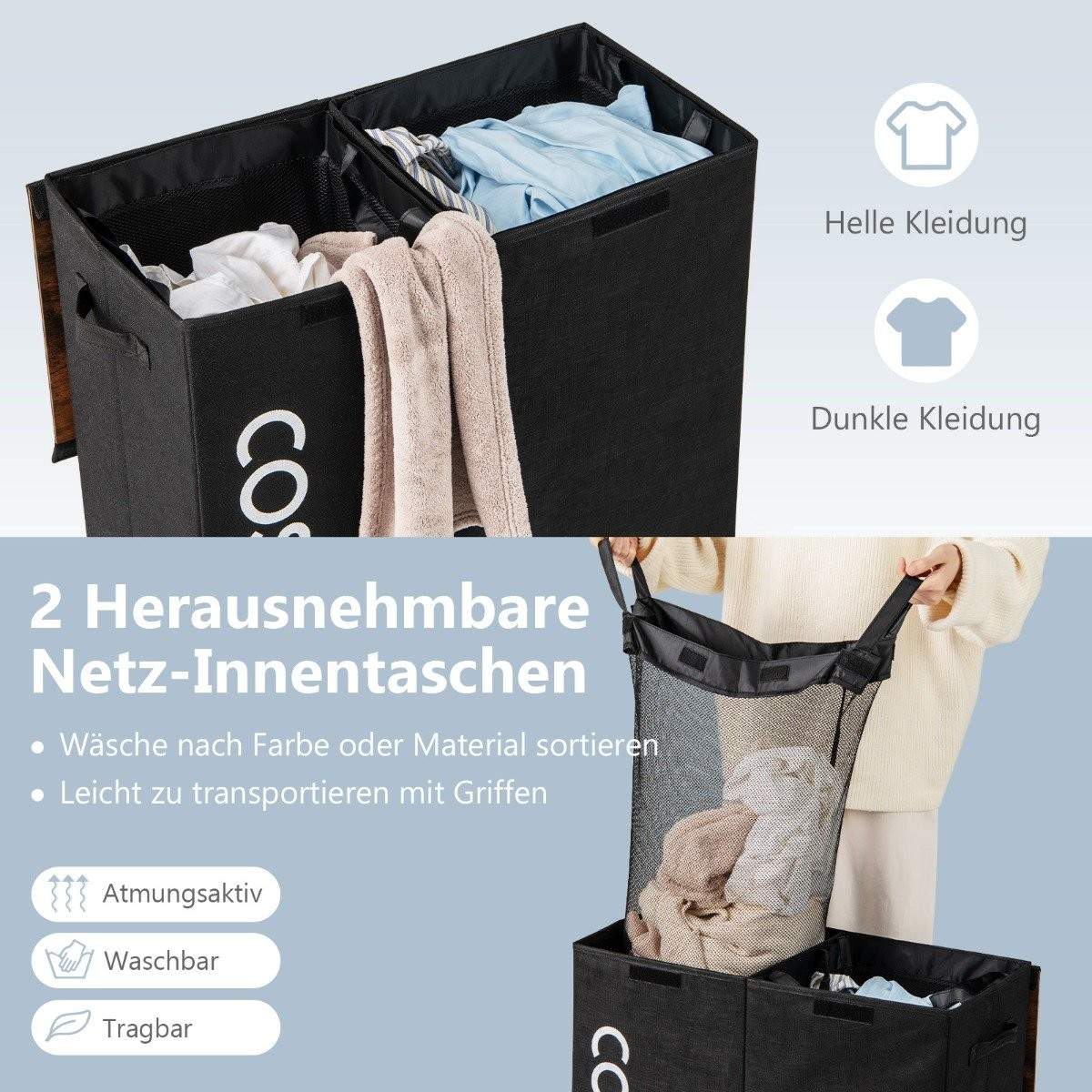 Tvättkorg med lock – 105L, dubbla fack, svart | Hem & Hobby | Pryloteket