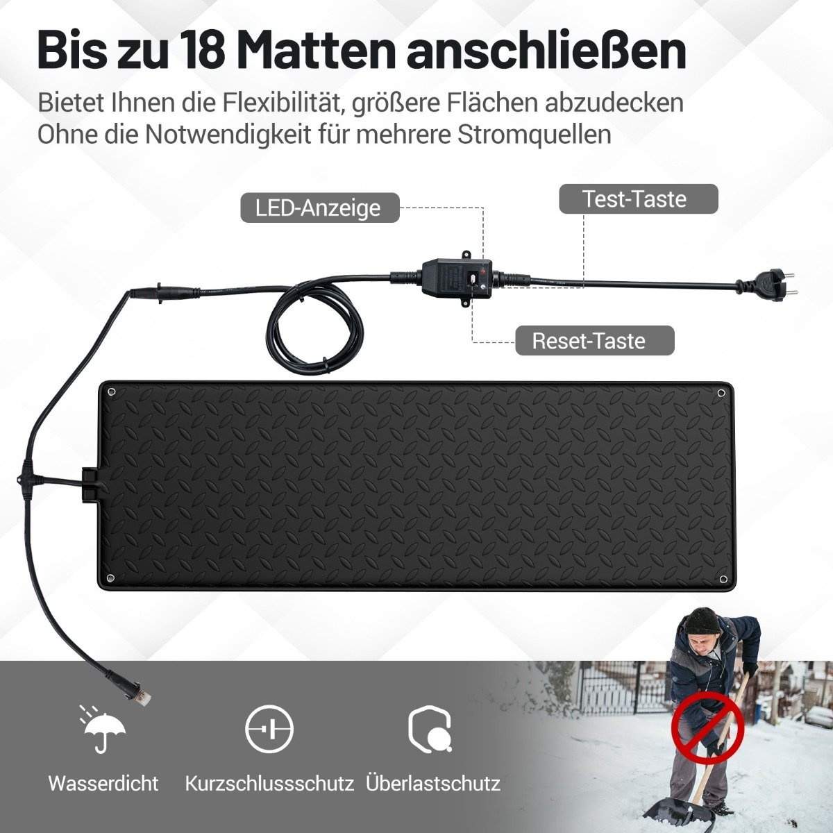 Opvarmet snesmeltemåtte – 25,5x76 cm, forbinder 18 måtter