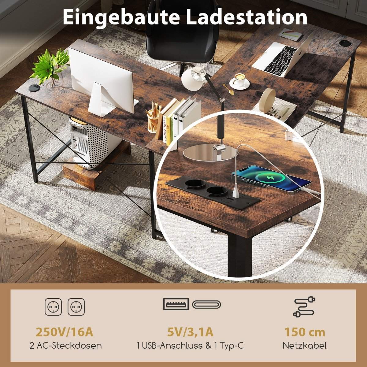 Vendbart L-formet skrivebord med ladestation – rustik brun