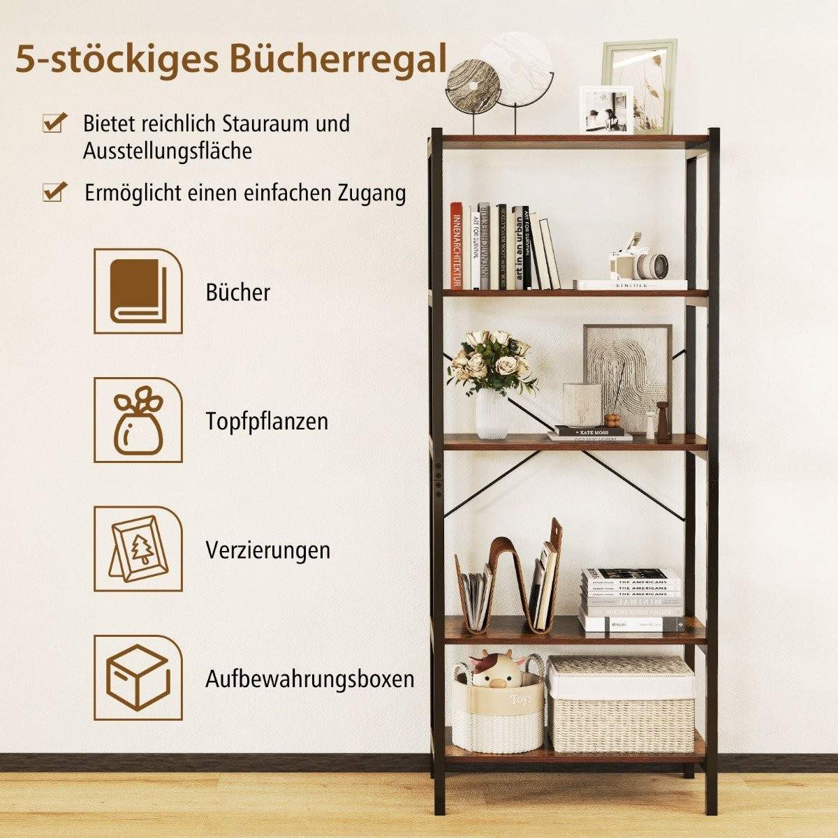 5-lags industriel bogreol – træ og metal, 161 cm