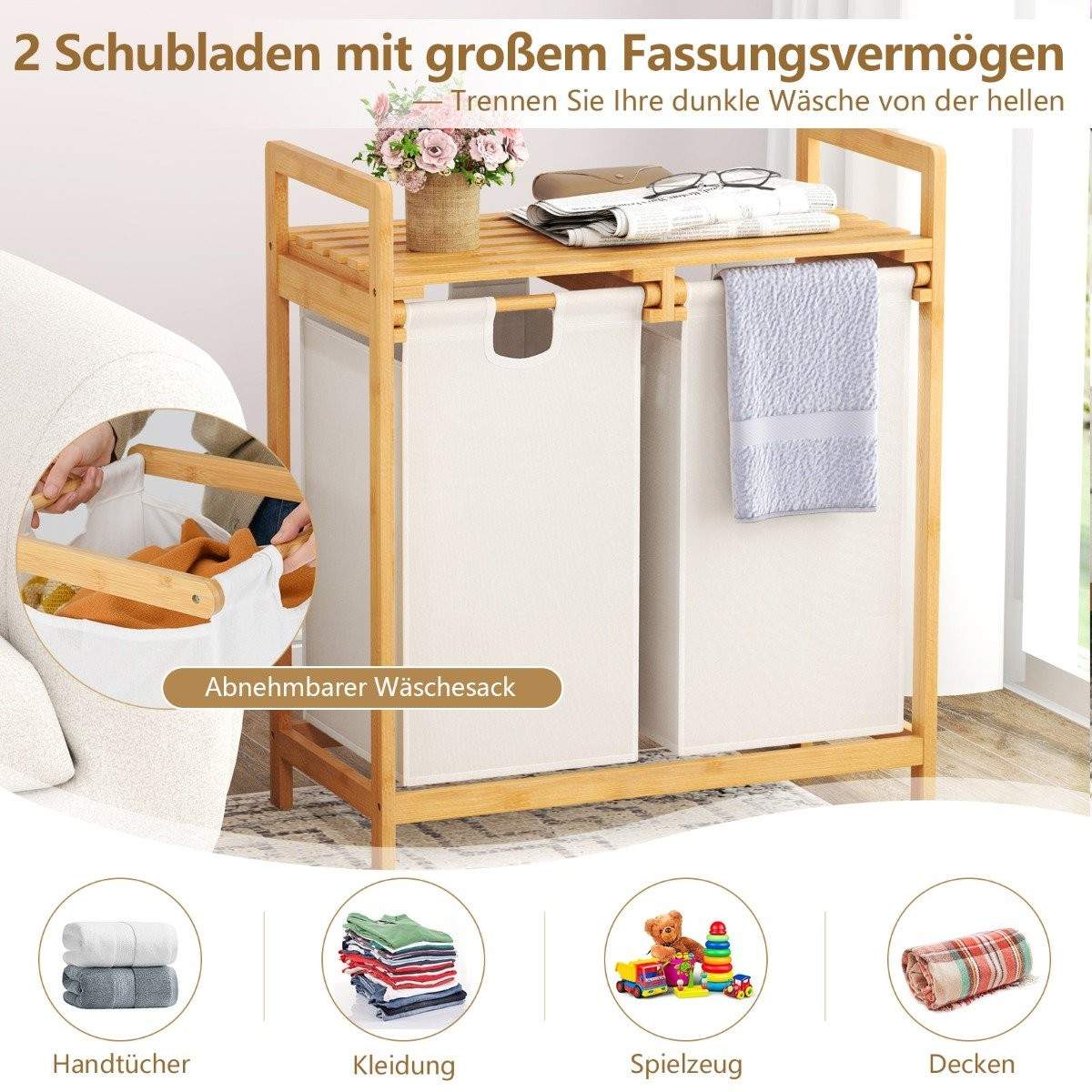 Bambus vasketøjskurv – 2 rum, aftagelige poser