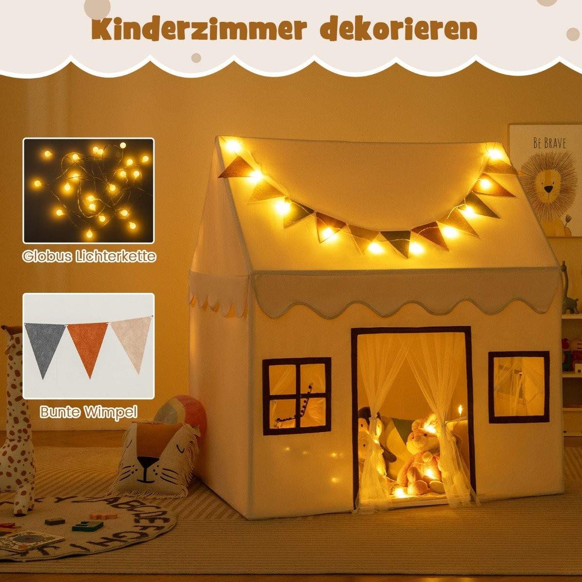 Indendørs legetelt til børn med måtte og lys – Beige, 123x107x137 cm