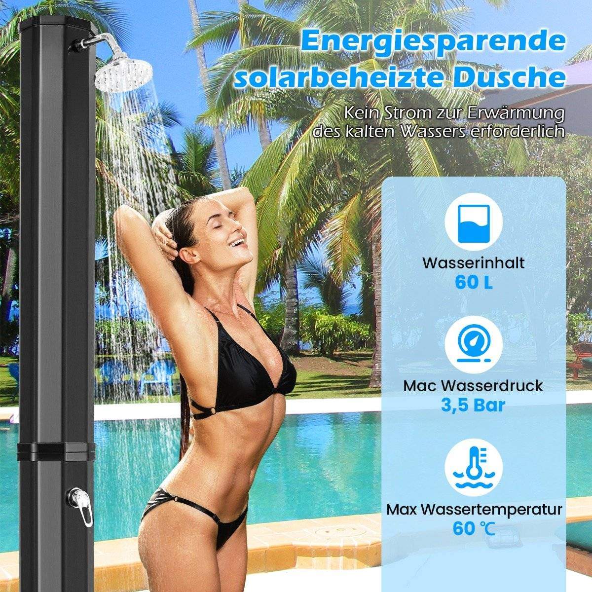 Solopvarmet udendørs bruser – 60L, drejeligt hoved, dæksel inkluderet