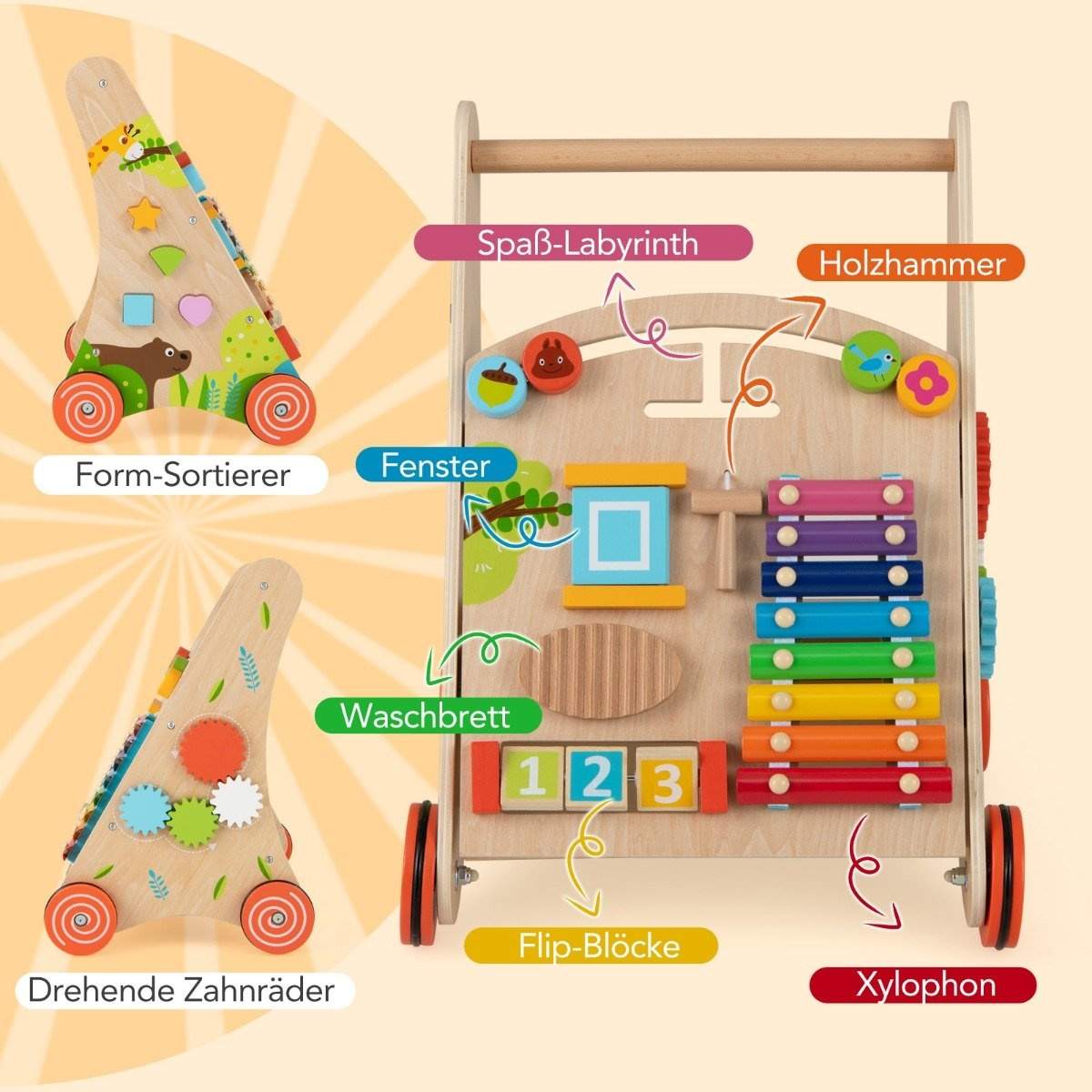 Babywalker i træ med aktivitetscenter og opbevaring