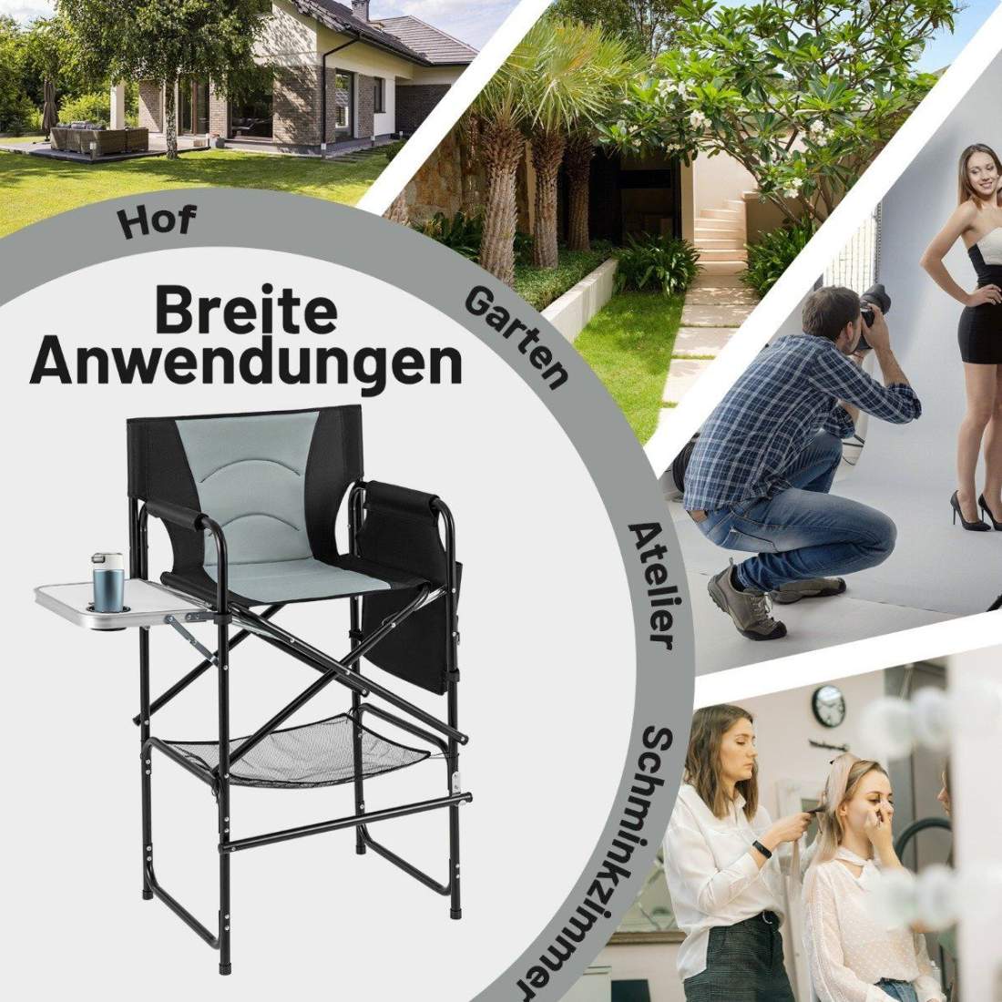 Fällbar campingstol med sidobord & fotstöd – Svart/Grå | Hem & Hobby | Pryloteket