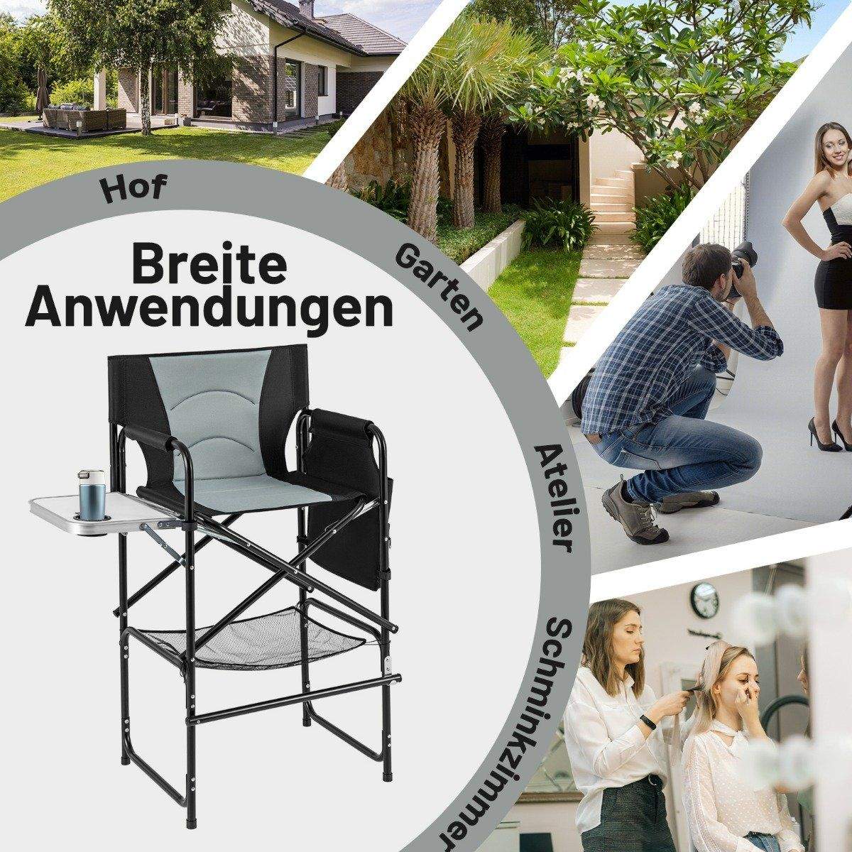 Sammenklappelig Campingstol med Sidebord & Fodstøtte – Sort/Grå