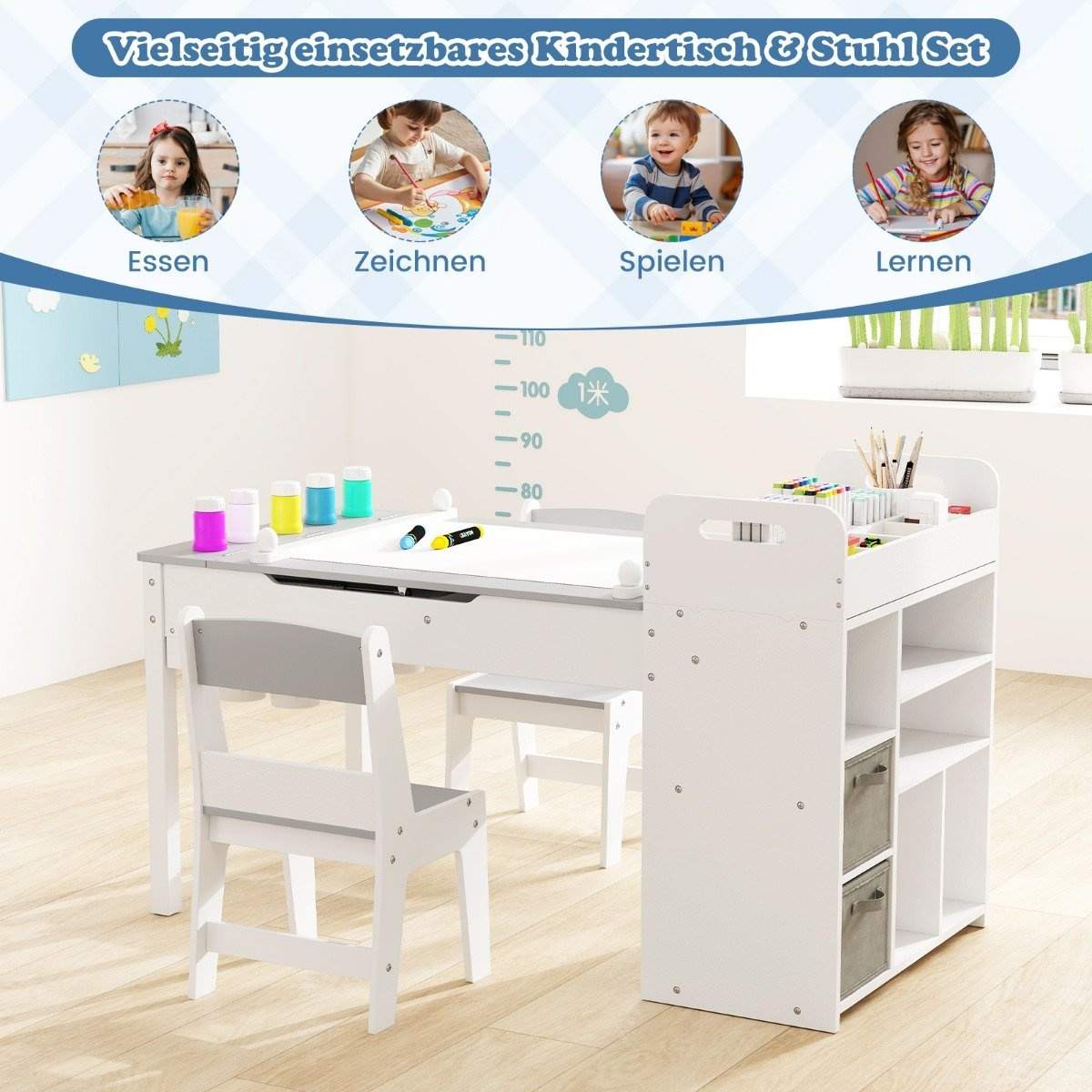 Børnekunstbordsæt – 3-i-1 skrivebord med opbevaring og staffeli