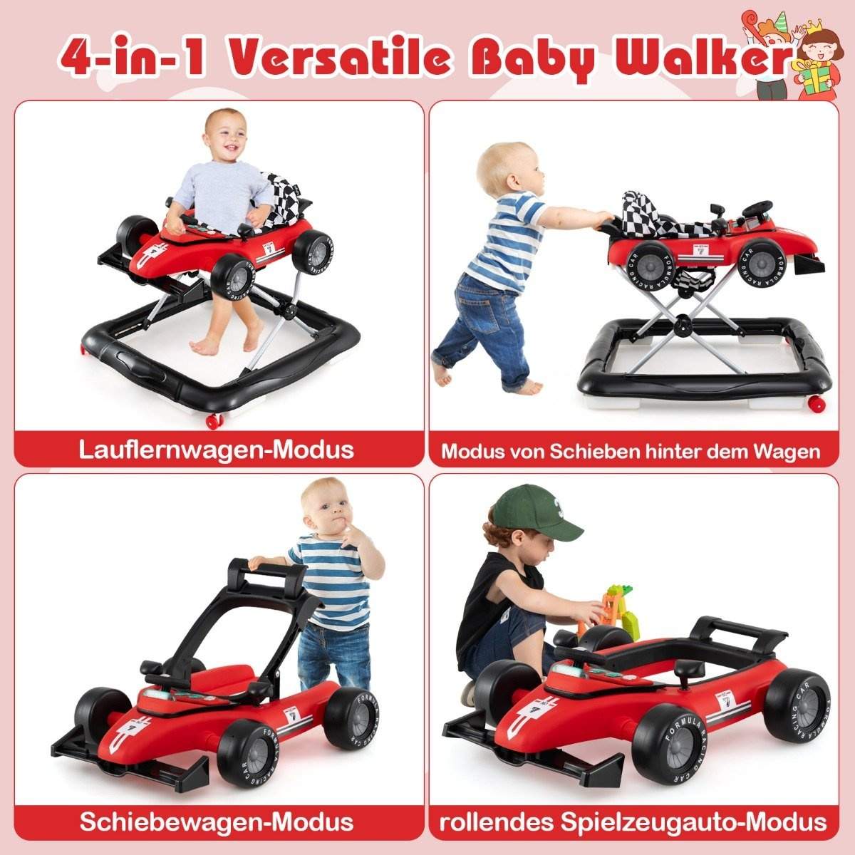 4-i-1 Cabriolet Baby Walker – justerbar højde, rødt bildesign