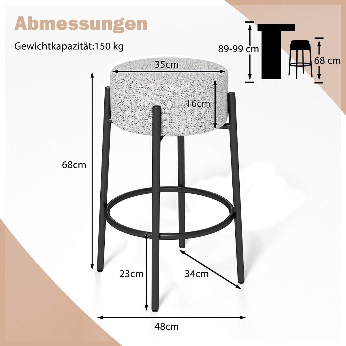 Barstol 68 cm – polstret, no-back, moderne design