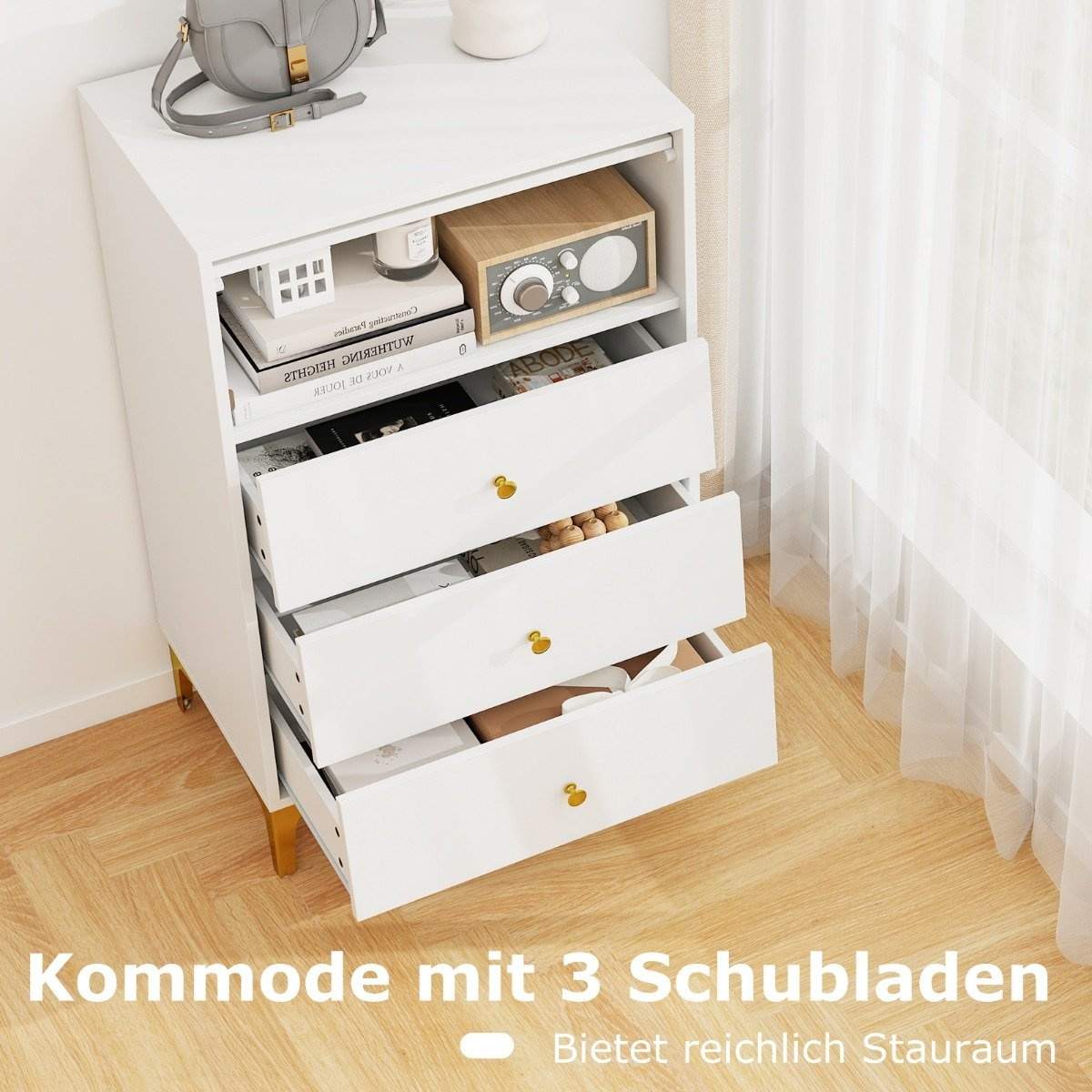 Hvidt opbevaringsskab – 3 skuffer, klapglasdør