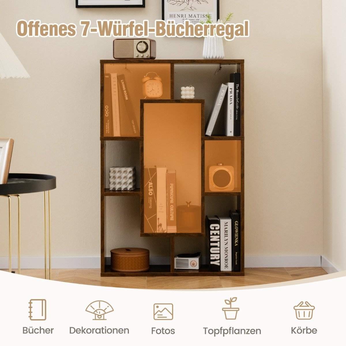 Bogreol med 7 rum – geometrisk design, anti-tip, 60x20x90 cm