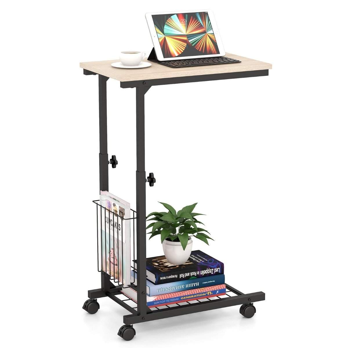 Justerbart bærbart bord med opbevaringskurv og hjul