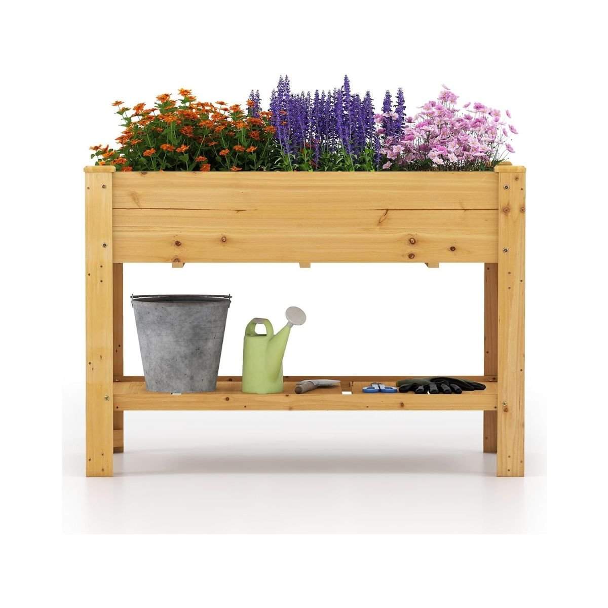 Træhævet haveseng med hylde & drænhuller – 120x60x81 cm