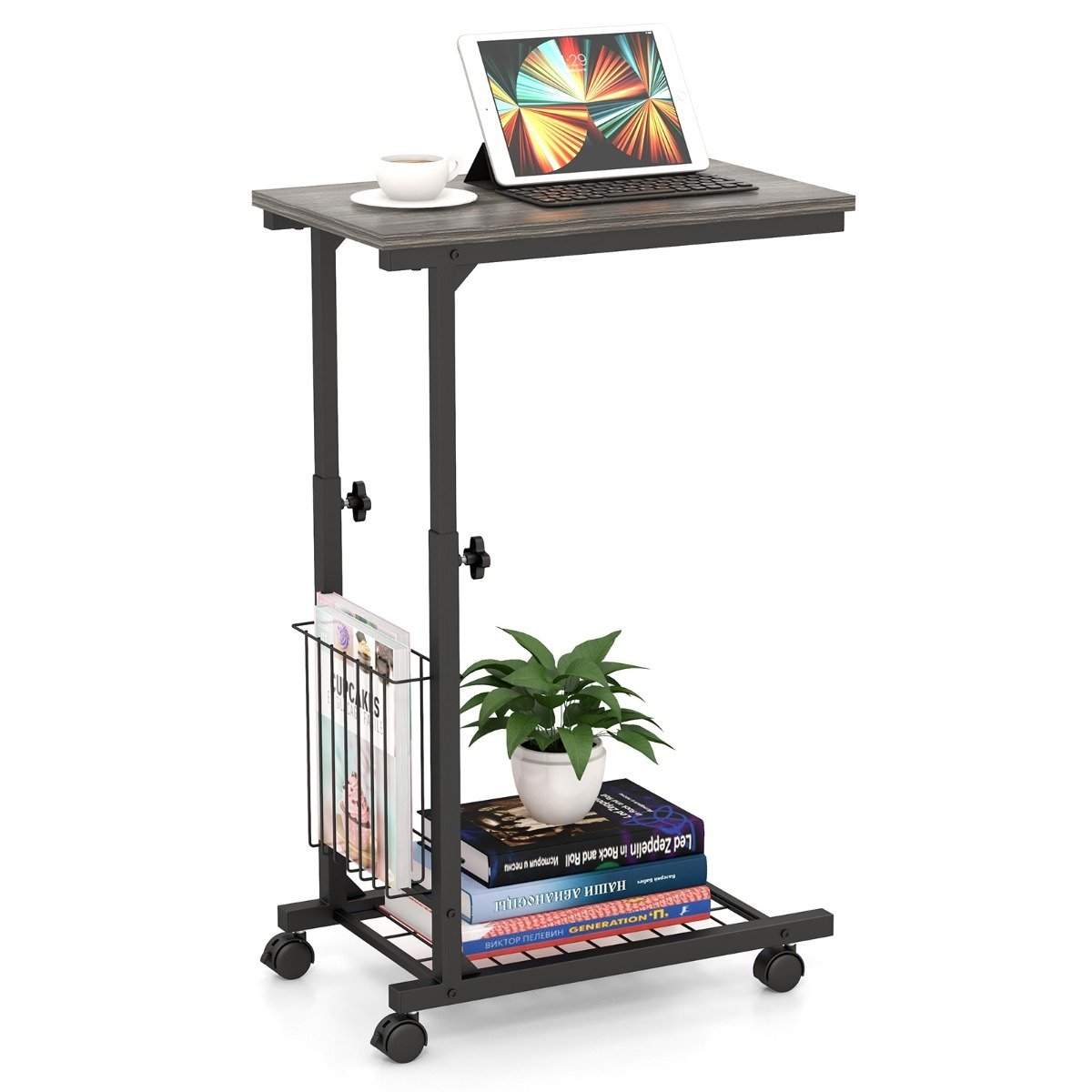 Justerbart bærbart bord med opbevaringskurv og hjul