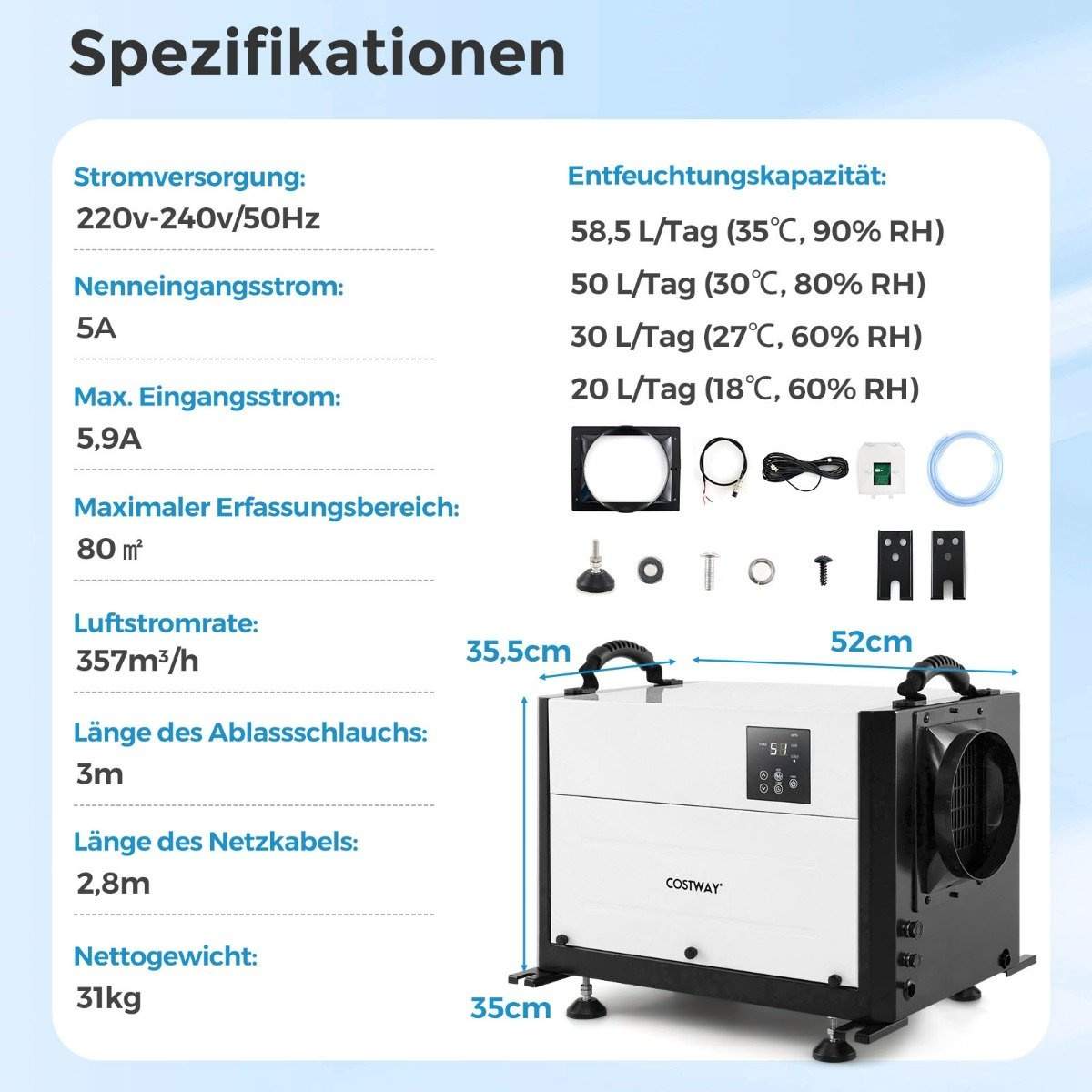 Kommerciel affugter – 58,5 l/dag, 3 tilstande, 24 timers timer