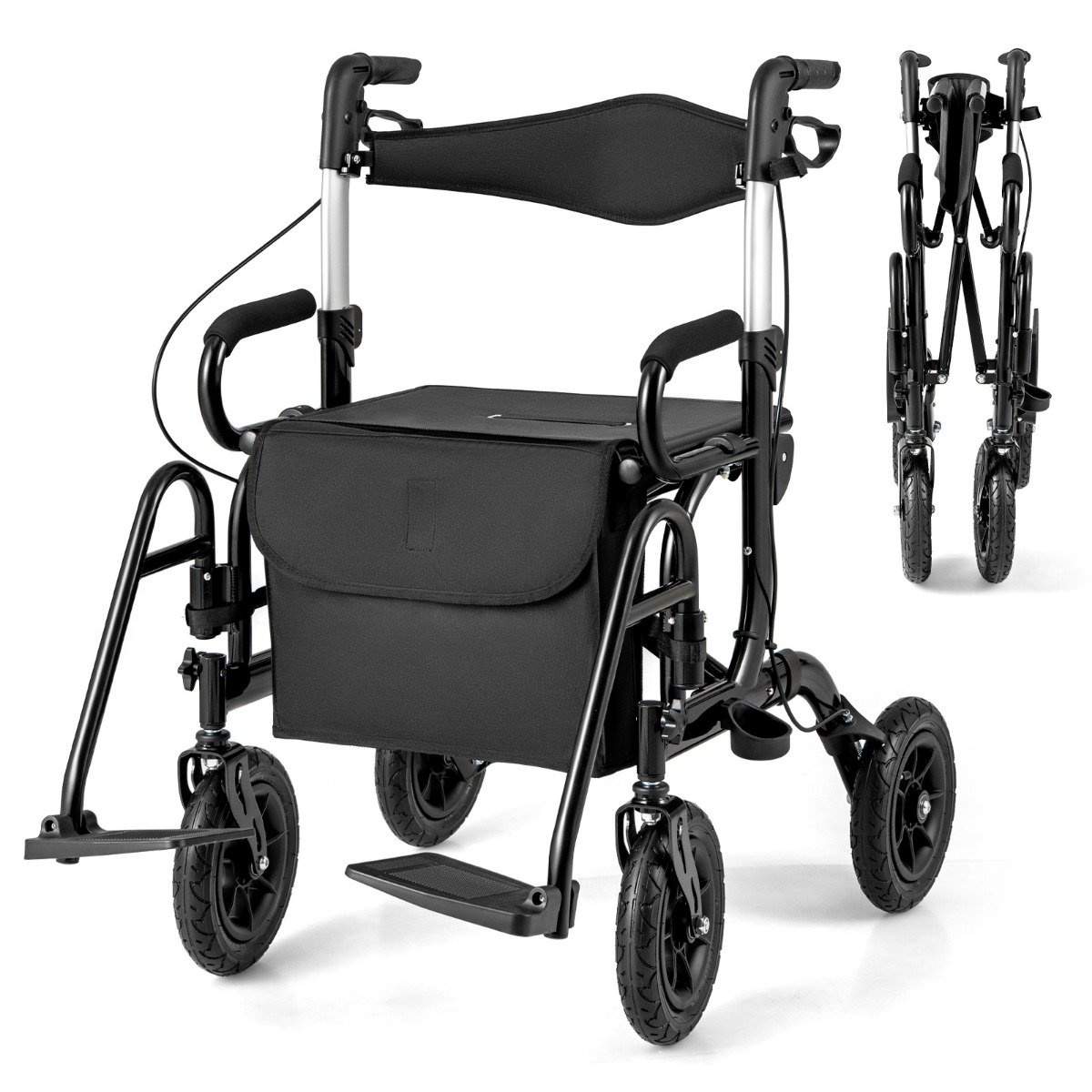 2-i-1 rollator og kørestol, foldbar med luftdæk