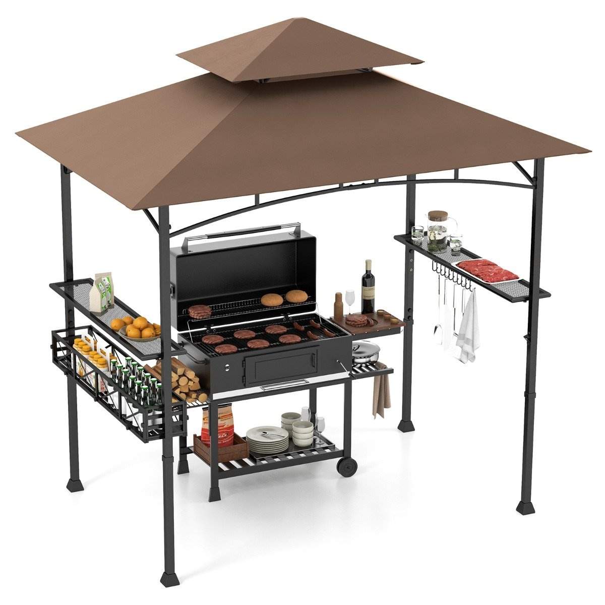Udendørs grillpavillon – dobbelttag, sidehylder, metalkurv
