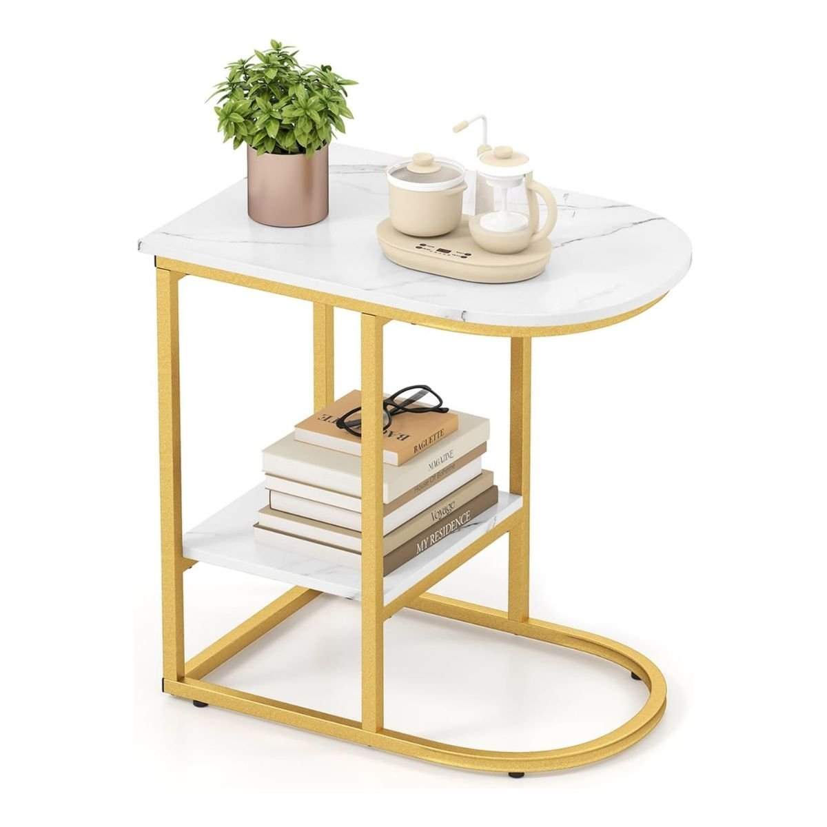 C-formet sidebord – imiteret marmor, 2-lags opbevaring