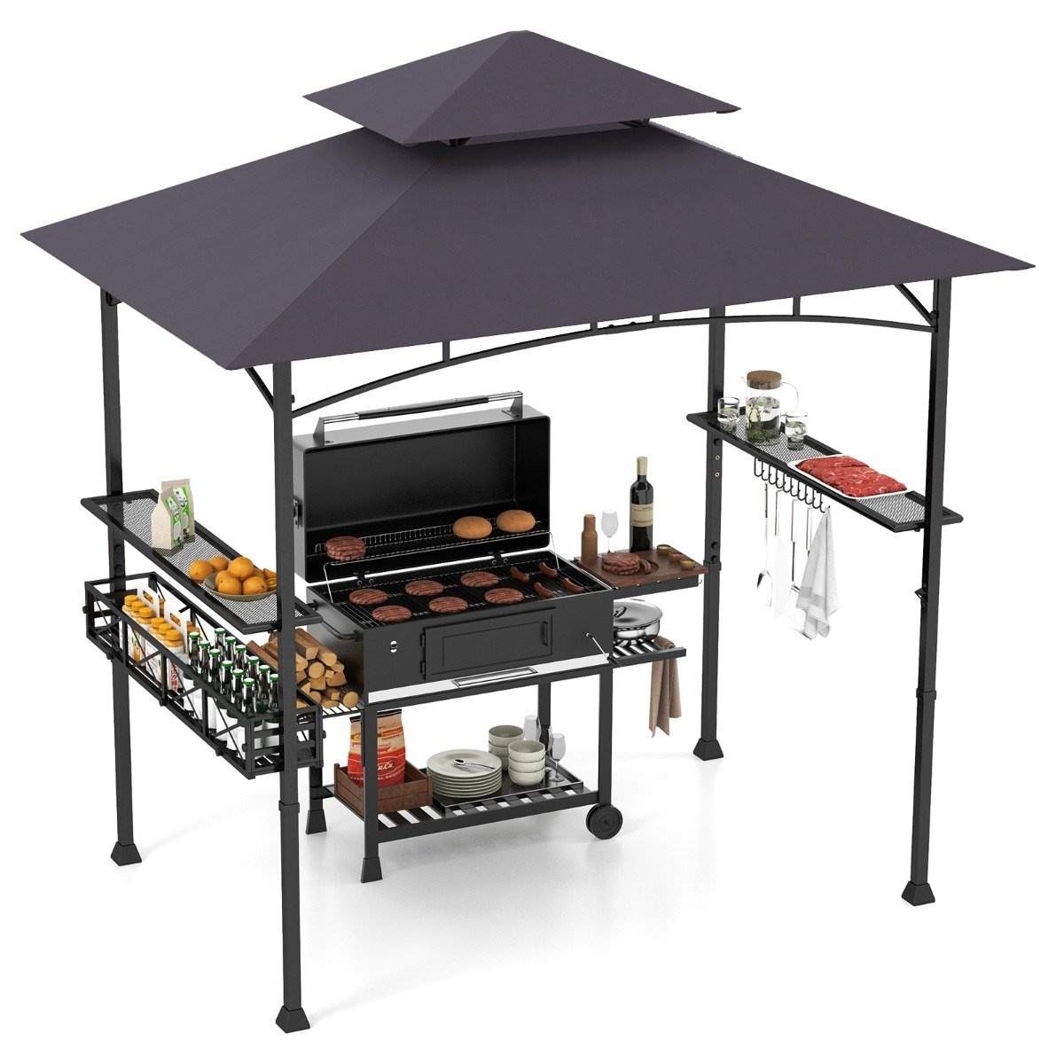 Grillpavillon med dobbelttag og sidehylder – mørkegrå