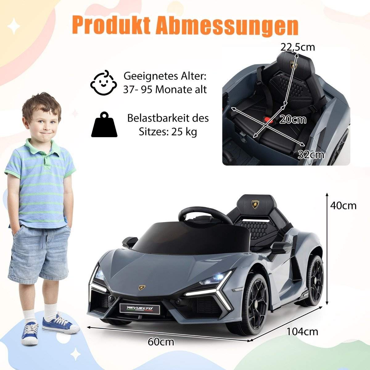 Elbil til børn – 12V Lamborghini med LED-lys, grå