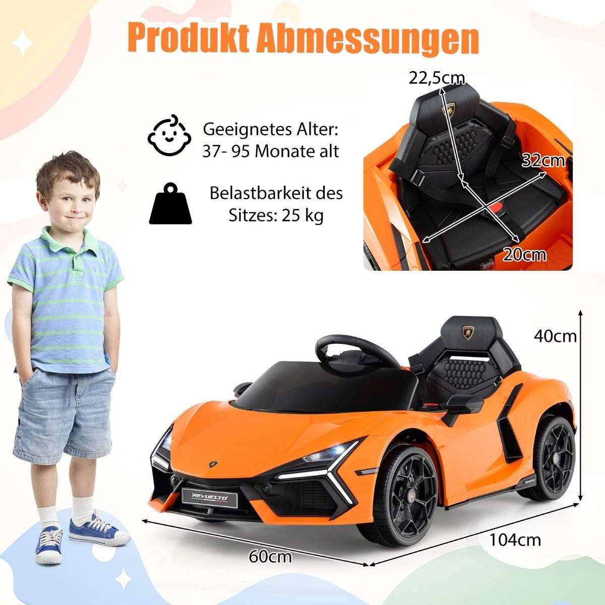Elbil til børn – 12V Lamborghini med LED-lys, orange