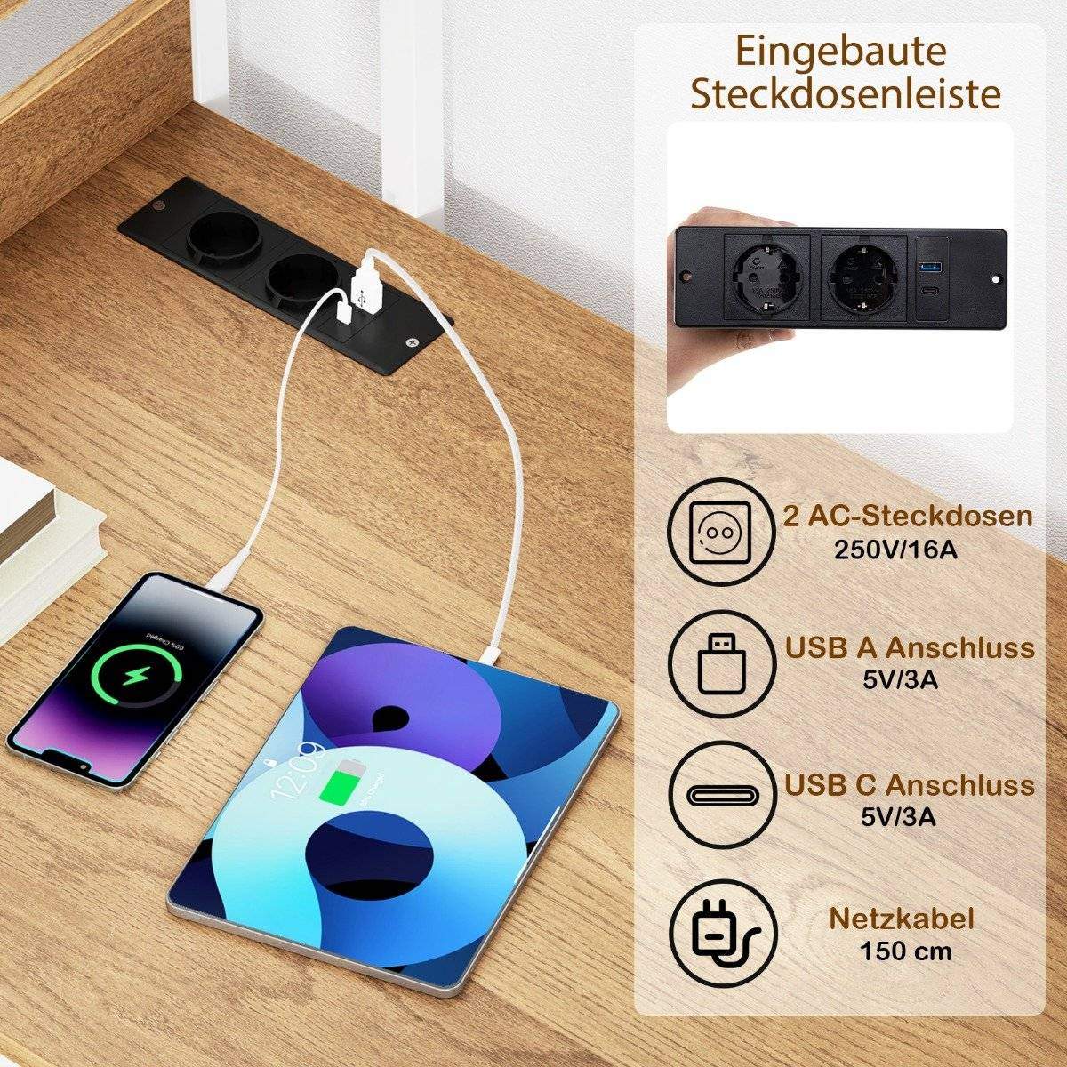 Skrivebord med ladestation – 120x65 cm, indbygget hylde