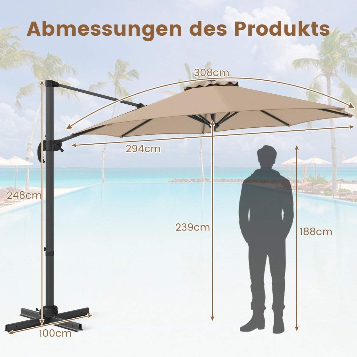 360° roterende terrasseparaply – justerbar tilt, beige