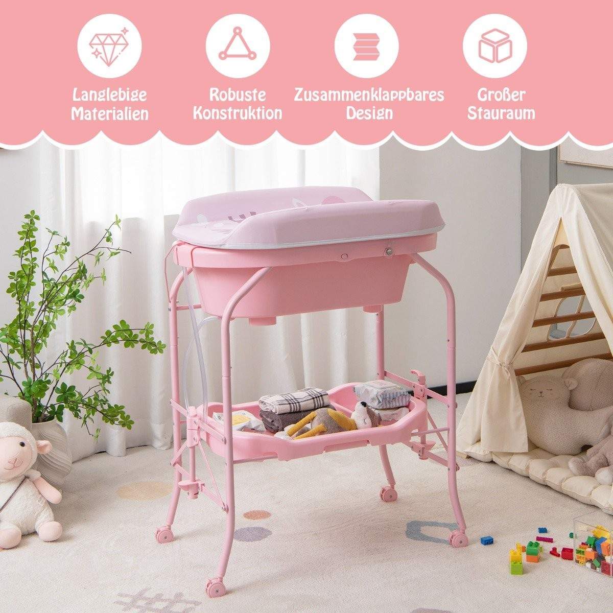 Sammenklappeligt puslebord med badekar – Pink, 4-i-1 design