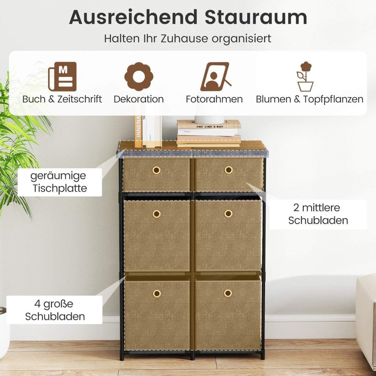 Grå kommode med 6 skuffer – metalramme og letrengørende top