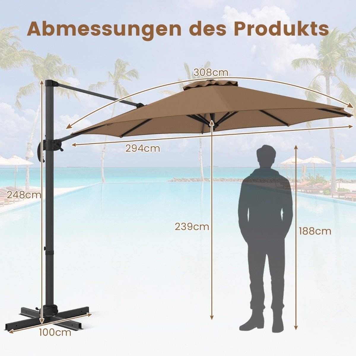 Udendørs Cantilever paraply, 360° rotation, justerbar hældning