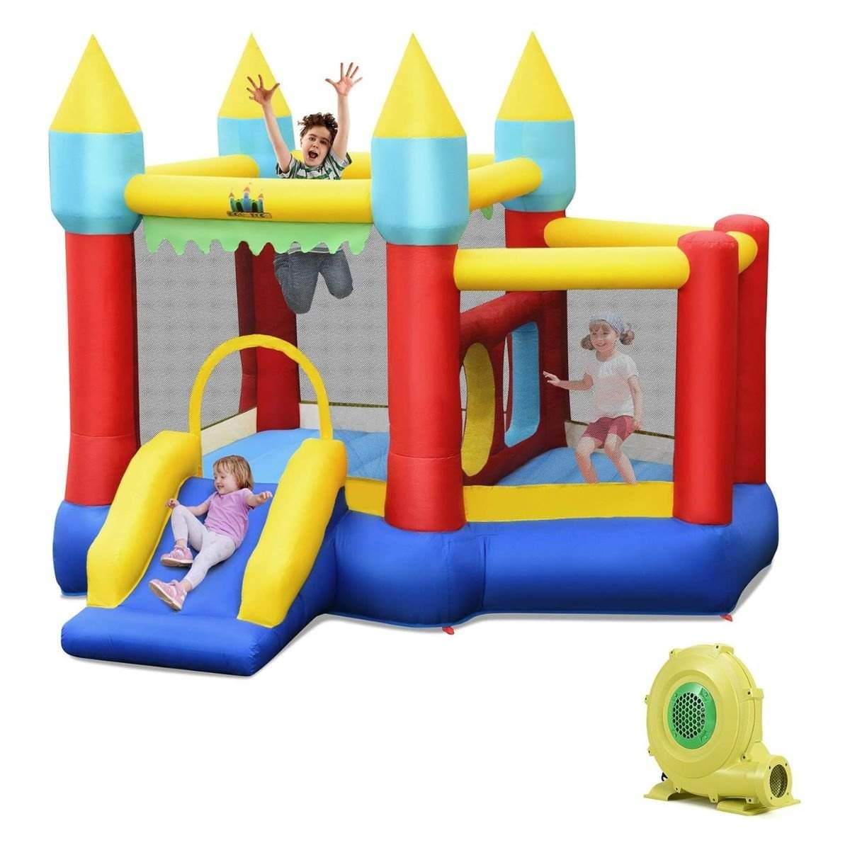 Oppusteligt hoppehus med rutsjebane, basketballbøjle og bolde