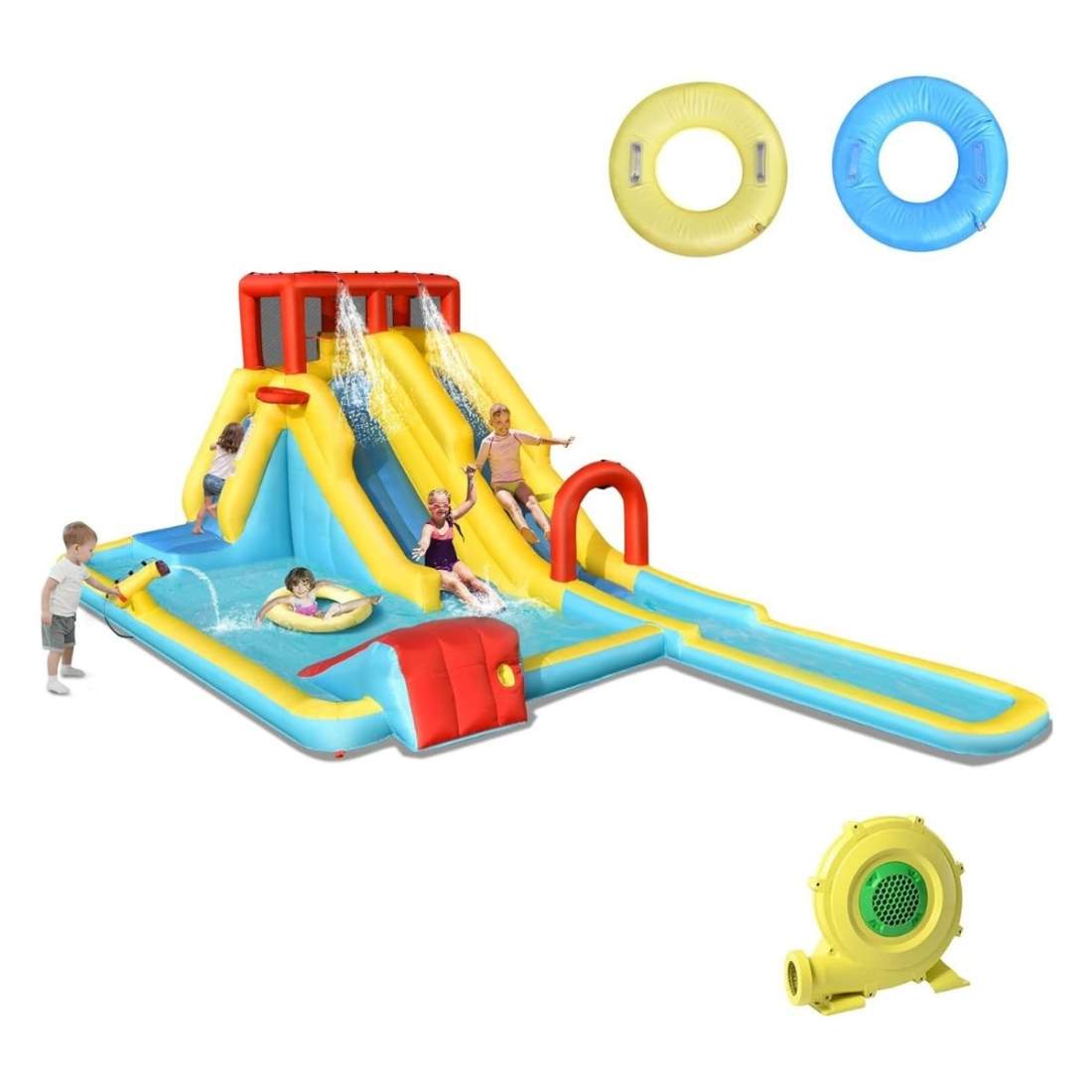 Uppblåsbar vattenrutschbana med dubbelrutschkana och klättervägg | Hem & Hobby | Pryloteket
