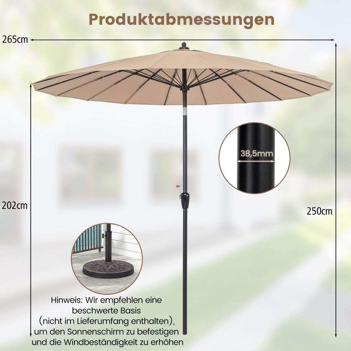 Udendørs terrasseparaply – 265 cm, UV 50+, justerbar hældning