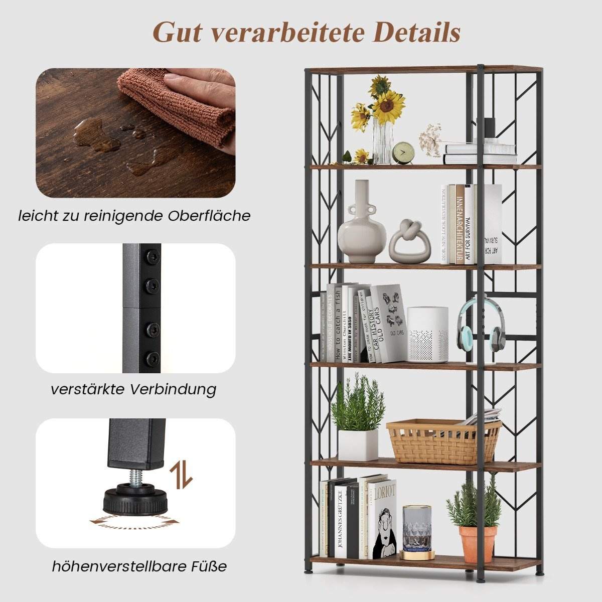 6-lags bogreol med metalramme – 80x31x180 cm, brun