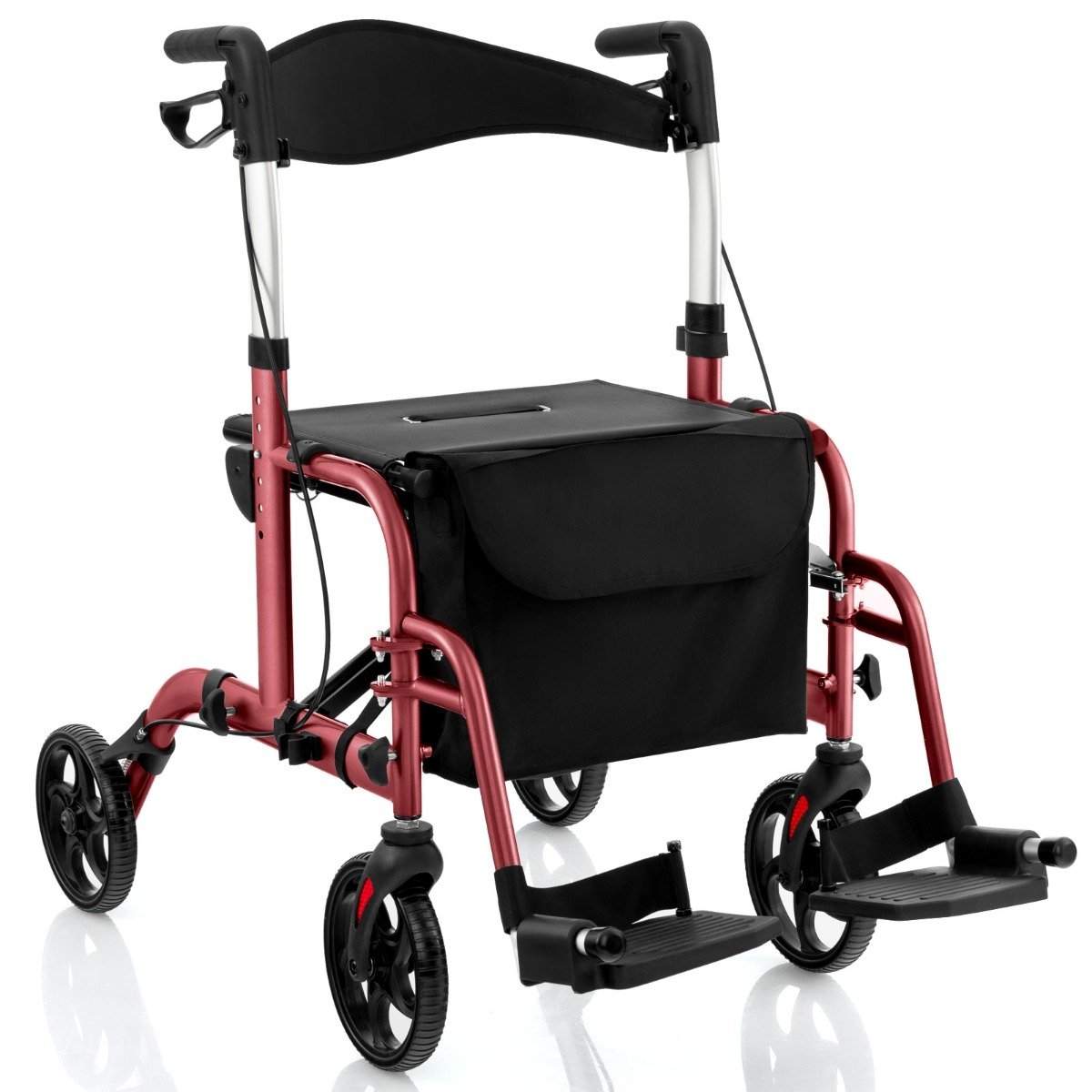 Letvægts foldbar rollator og kørestol – rød, justerbar i højden