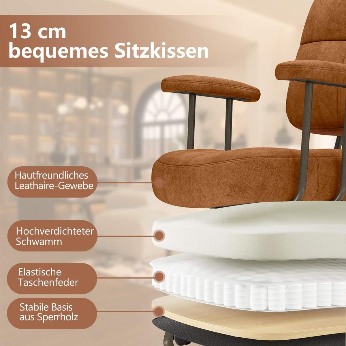 Ergonomisk kontorstol med armlæn og hjul, justerbar i højden